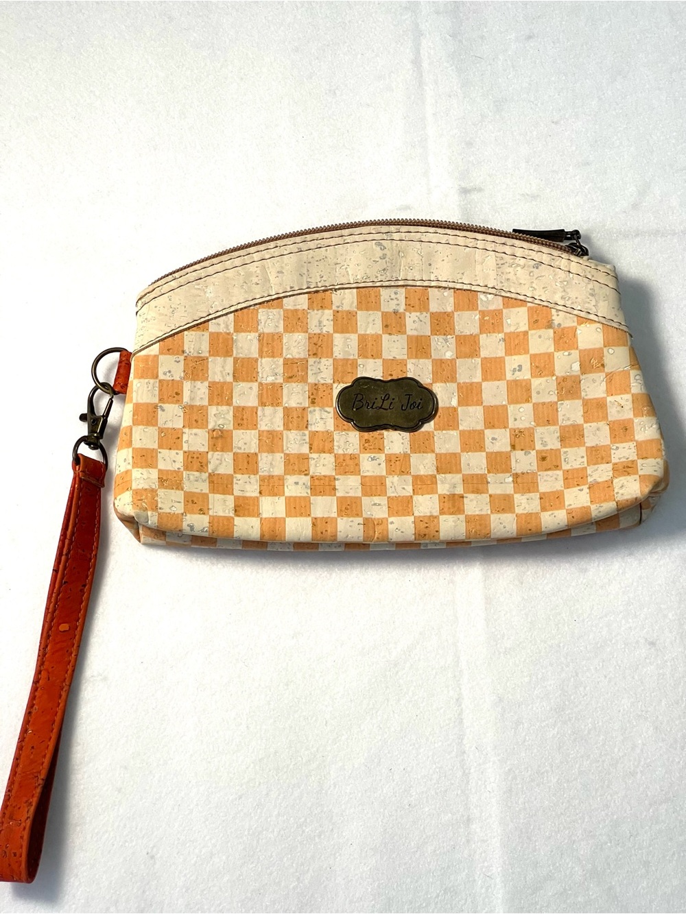 BriLi Joi Cork Cherboard Wristlet Clutch Bag Beige Orange